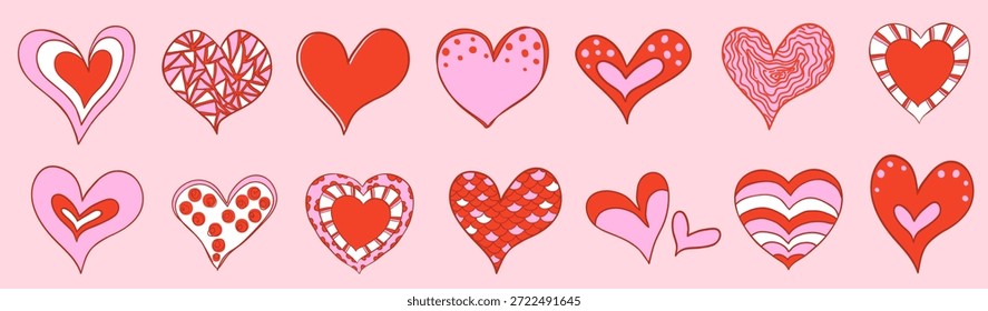 Corazones de Vector rojos y rosados del doodle lindo para los diseños del día de San Valentín, tarjetas de felicitación y fondos