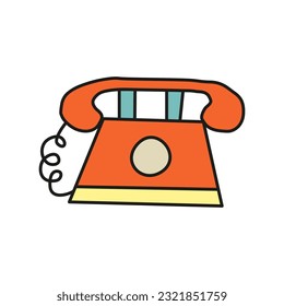 Cute doodle red retro phone in retro groovy style. Colored hipster symbol.
