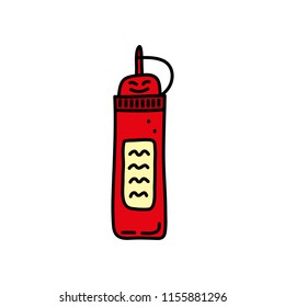 Cute doodle red sauce with smiling face isolated on white background. Funny food character.