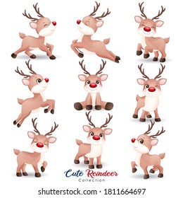 Cute doodle reindeer for christmas day with watercolor illustration