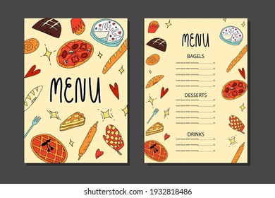 Cute doodle de plantilla de menú con panadería y pastelería tradicional americana, belga e italiana. Dibujo manual vectorial o ilustración de estilo de esbozo. 