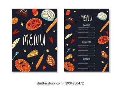 Cute doodle restaurant menu template with various American, Belgian, Italian traditional bakery and pastry. Vector hand-drawn cartoon or sketch style illustration. 