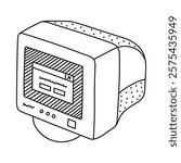 Cute doodle retro computer with CRT monitor from 90s and 00s. Old PC machine with outline as badge of 1990s. Nostalgia for vintage and Y2k aesthetic, vibes. Hand drawn clipart isolated on background.