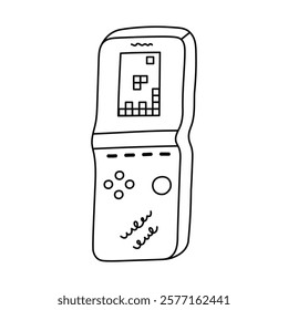 Cute doodle retro game console from 90s and 00s. Retro electronic toy as badge of Y2k. Nostalgia for vintage and 1990s aesthetic, vibes. Hand drawn outline old game device isolated on white.