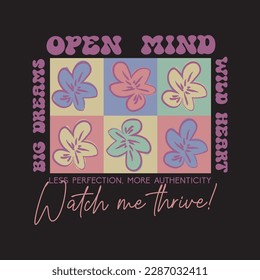 Cute, doodle, retro heart, groovy, hippie, cartoon drawings, colorful, positive quote slogan text design. For fashion graphics, kids t shirt, sweatshirt, stickers