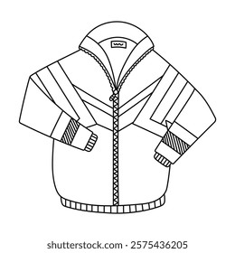 Cute doodle retro jacket with zipper from 80s and 90s. Nostalgia for vintage and Y2k aesthetic, fashion. Hand drawn black and white sport jacket as badge of 1990s with outline isolated on white.