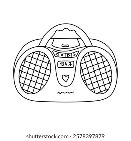 Cute doodle retro radio from 90s, 00s with outline. Old CD player, radio, audio player for music as badge of 1990s. Nostalgia for vintage, Y2k aesthetic, vibes. Hand drawn clipart isolated on white.