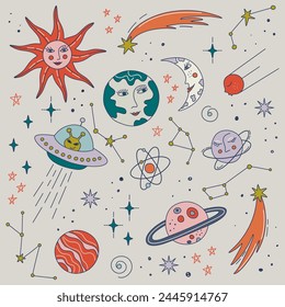 Cute doodle retro Espacio conjunto. Paquete cósmico con el Sol, la Tierra, la Luna, las estrellas. Objetos de estilo boho con caras. Símbolos paganos. Ilustraciones vectoriales dibujadas a mano.