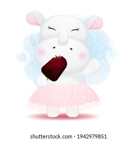 Cute doodle rhino eat ice cream cartoon illustration Premium Vector
