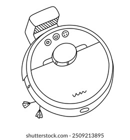 Cute doodle robot vacuum cleaner with docking station, brush and buttons. Remote wireless industrial sweeper for maintenance pure home via smartphone. Technique for automation housework isolated.