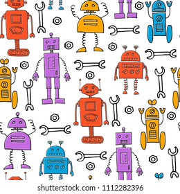 Cute doodle robots. Seamless pattern. Cartoon characters. Vector.