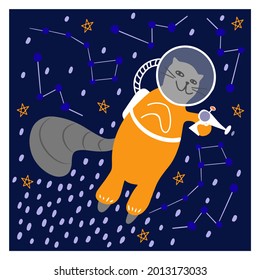 Cute doodle rocketeer cat in astronaut suit with star constellations card or poster. Flat design vector illustration