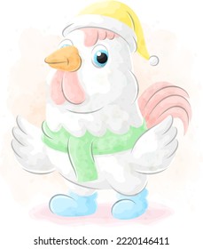 Cute doodle Rooster with watercolor illustration