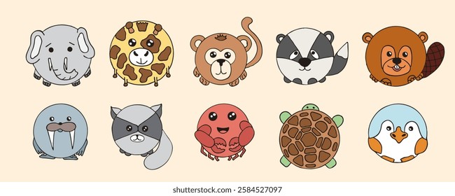 Cute doodle round animals childish style. Elephant, giraffe, monkey, badger, beaver, walrus, raccoon, crab, turtle, penguin