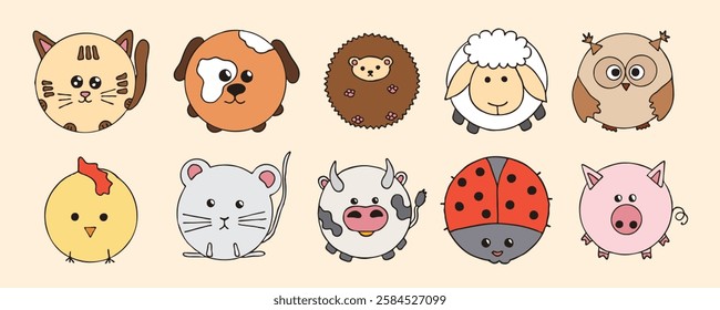 Cute doodle round animals childish style. Cat, dog, hedgehog, sheep, owl, chicken, mouse, ladybug, pig