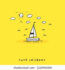 Barco de vela, barca de vela, barca de vela, barca de dibujo a mano, aislado en fondo amarillo. ilustración vectorial, verano