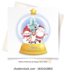 Cute doodle santa claus, deer and snowman for christmas with watercolor illustration