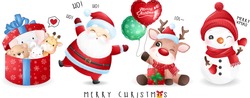 Cute Doodle Santa Claus And Friends For Christmas Day With Watercolor Illustration
