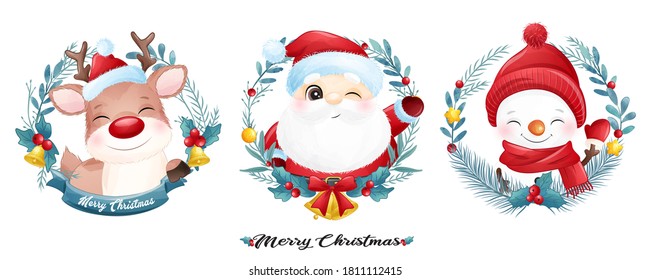 Cute doodle santa claus and friends for christmas with watercolor illustration