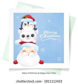 Cute doodle santa claus and friends for christmas with watercolor illustration