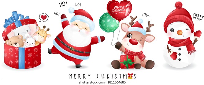 Симпатичный doodle santa claus и друзья на Рождество с акварельной иллюстрацией