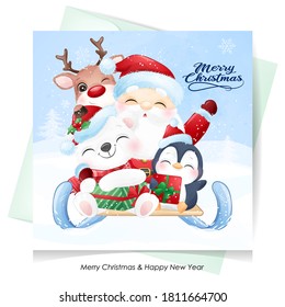 Cute doodle santa claus and friends for christmas day with watercolor illustration