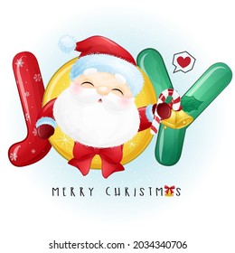Cute Doodle Santa Claus For Merry Christmas With Watercolor Illustration