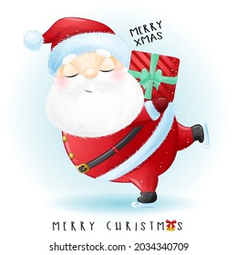Cute Doodle Santa Claus For Merry Christmas With Watercolor Illustration