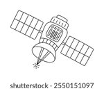 Cute doodle of satellite flying in outer space in childish style. Hand drawn space probe for transferring signal, data, information. Black and white outline spacecraft isolated on white background.