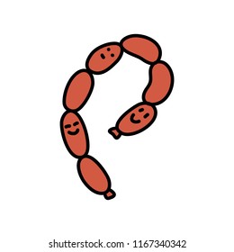 Cute doodle sausages with smiling face isolated on white background. Funny food character.
