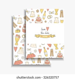 Cute doodle save the date wedding card, invitation, brochure, cover with flowers, cake, heart, dress, tie bow, champagne bottle, trousers, rings, flower bouquet, bag, present, ribbon, text space