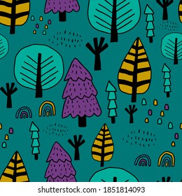 Cute doodle Scandinavian forest with trees. Oak, spruce. Fantasy woodland seamless pattern. Floral background. Vector illustration. 