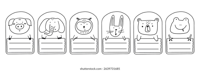 Cute doodle school name tag sticker with animals. Animal character label card frame collection. Cartoon vector illustration