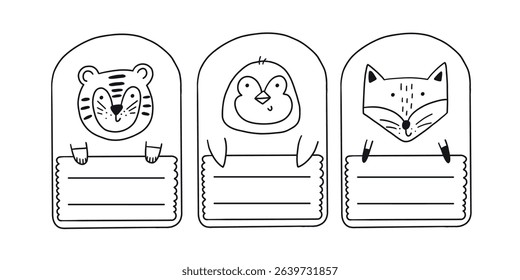 Cute doodle school name tag funky animals. Animal character label card frame collection. Cartoon vector illustration