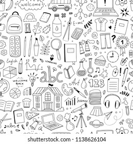 Cute doodle school pattern  Seamless background and school   science objects   illustrations in hand drawn style