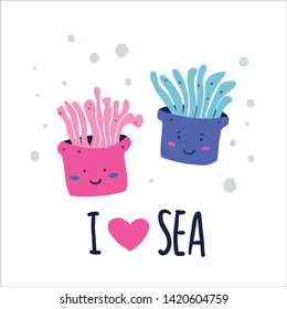 Cute doodle sea creatures with I love sea lettering. Hand drawn sea anemones underwater vector. Perfect for tshirt, fabric, print for kids, teenagers