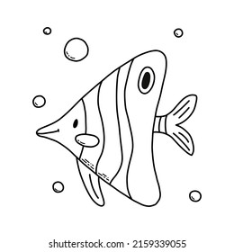 Cute doodle sea fish. Coloring page for kids. Vector illustration.