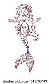 Cute doodle sea mermaid. Vector hand drawn girl mermaid. Isolated. Coloring page for children and adult.