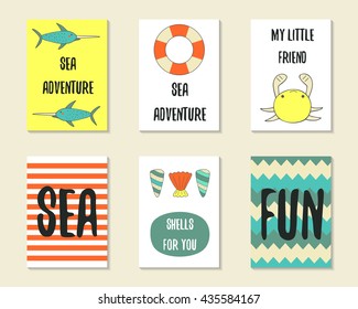 Cute doodle sea theme party cards, brochures, invitations with fish, crab, life buoy, stripes, shells, waves. Cartoon characters, objects for children. Printable templates set