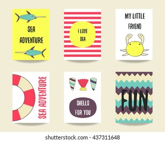 Cute doodle sea theme party cards, brochures, invitations with fish, crab, life buoy, stripes, shells, waves. Cartoon characters, objects for children. Printable templates set