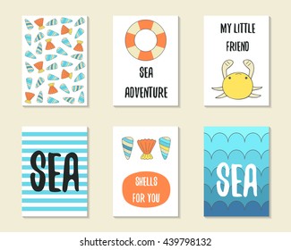 Cute doodle sea theme party cards, brochures, invitations with crab, life buoy, stripes, shells, waves. Cartoon characters, objects for children. Printable templates set