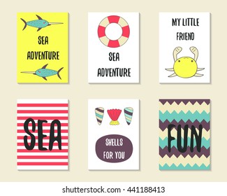 Cute doodle sea theme party cards, brochures, invitations with fish, crab, life buoy, stripes, shells, waves. Cartoon characters, objects for children. Printable templates set