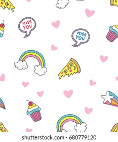 Cute doodle seamless background with pizza, rainbow, and other object