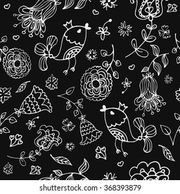 Cute doodle seamless floral pattern with birds. Background, texture, textile