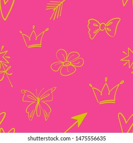 Cute doodle seamless pattern. Baby design with crown, arrow, simple flower, bow, butterfly, magic wand, line heart. Vector gold linear design on pink background.