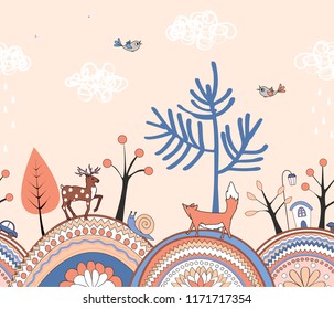 Cute doodle seamless pattern with cartoon ornamented hills, trees, and forest animals. Border with autumn landscape