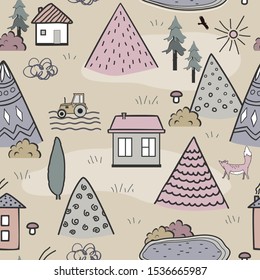 Cute doodle seamless pattern with cartoon houses, trees and mountains. Design for kids textile, floor mats, wall tapestry, or wallpapers. Autumn line art landscape. Vector illustration