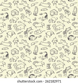 Cute doodle seamless pattern with cats and dogs