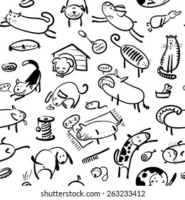 Cute doodle seamless pattern with cats and dogs in black and white colors