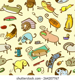 Cute doodle seamless pattern with cats and dogs